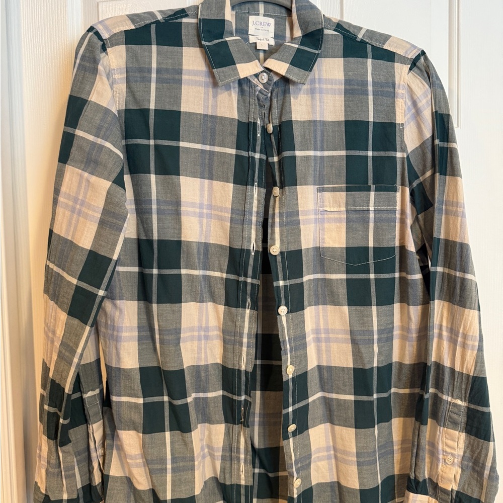 J. Crew Green and Cream Plaid Shirt
